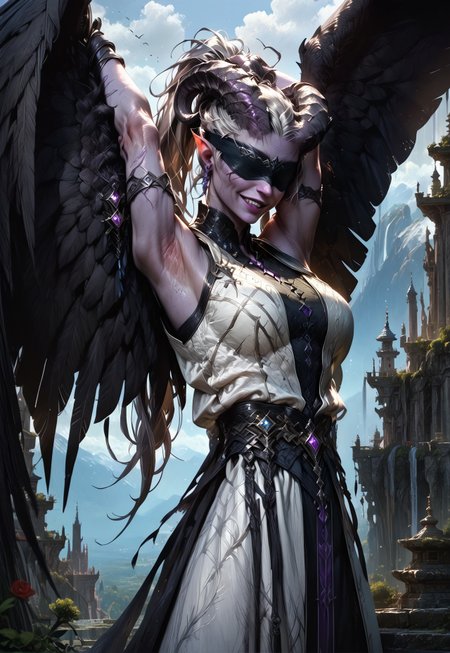 (absurdres, best quality, masterpiece:1.4), 
score_9, score_8_up, score_7_up, score_6_up, 
detailed, 
detailed body, 
detailed face, 
fantasy, 

female, 
tiefling, 
h0rns, 
ram horns, 
black horns, 
tall, 
((((purple skin)))), 
((long grey hair, ponytail)), 
(((wingsd, black wings))),

stretching, 
soft smile,

(white robe, sleeveless, 
blindfold, black cloth blindfold), 

depth of field, 
outdoors, 
mountain temple, 
upper body