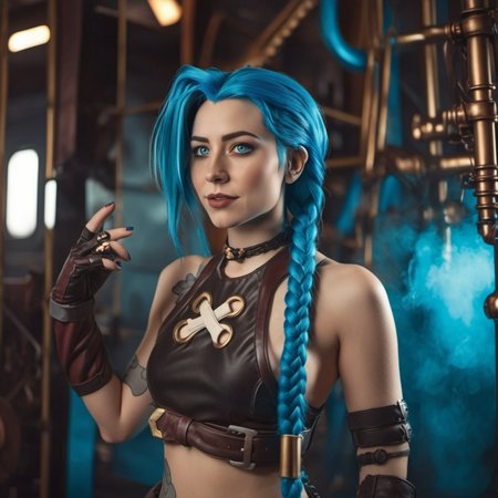 cinematic photo cinematic photo a woman,  blue hair and braids is posing for a picture, steampunk background <lora:Jinx1024-000260:0.8> . 35mm photograph, film, bokeh, professional, 4k, highly detailed
