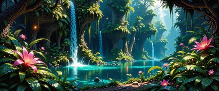 highly detailed mystical realism oil painting in the style of johan christian dahl and maurice sapiro, ancient, dark jungle brimming with life, an enchanted forest hidden deep in mystery, in the foreground, large, otherworldly plants with vibrant, exotic leaves and gorgeous astounding flowers edge a glowing azure pool, lush layers of vegetation framing the waterfallâs base, dark shadows fill the corners, the center scene features a narrow, bioluminescent waterfall cascading down a rugged, multi-tiered cliff, its gentle glow casting a faint blue-green light, thick, emerald moss covers the cliff, hinting at untold ages, in the background, the dense foliage extends into the shadows, punctuated by faint glows from hidden recesses, suggesting unseen life, a medium-wide shot with slight overhead perspective, capturing the waterfall, pool, and dense jungle foliage in a balanced, layered composition, dynamic chiaroscuro lighting, with warm dappled light filtering through the thick jungle canopy, soft, ethereal glow around the waterfall and pool, faint reflections off the vibrant plants, intricate textures and shadow detail, soft interplay between deep green shadows and luminous highlights, painting-quality detail, realistic contrasts, and rich color gradations, ethereal and mesmerizing scenery, in the style of ck-ovf, <lora:ultima-flux-by_sterlingangel:0.32> <lora:style-oneviolentfantasy-ep21-flux-by_chronoknight:0.84>
