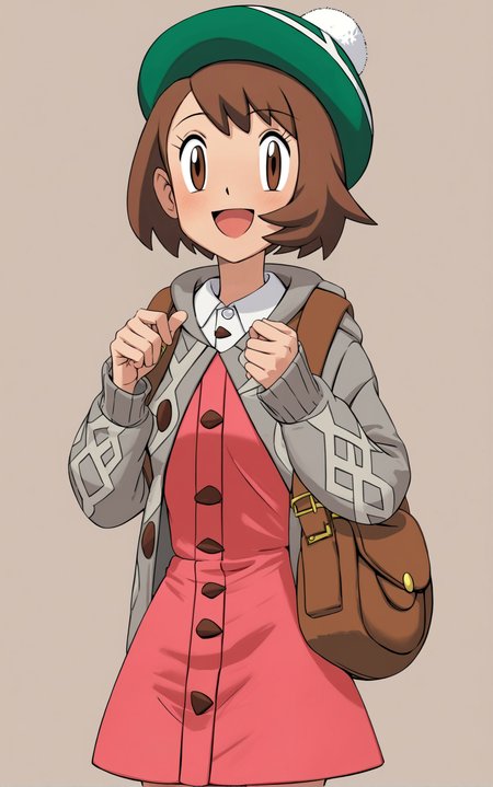 score_9, score_8_up, score_7_up, score_6_up, score_5_up, zPDXL2, max detail, 4k wallpaper, masterpiece, best quality, absurdres, highres, dynamic angle, dynamic pose, source_anime, PokemonStyle, pokemon \(anime\), pokemon \(classic anime\), flat color,
 <lora:Pokemon:1>
1girl, scorbunny, gloria (pokemon), brown hair, pokemon (creature), hat, bag, backpack, brown eyes, open mouth, smile, tam o' shanter, short hair, green headwear, cardigan, holding strap, grey cardigan, dress, simple background, long sleeves, pink dress, collared dress, cowboy shot, :d, bangs, looking at viewer, brown bag, buttons, brown background