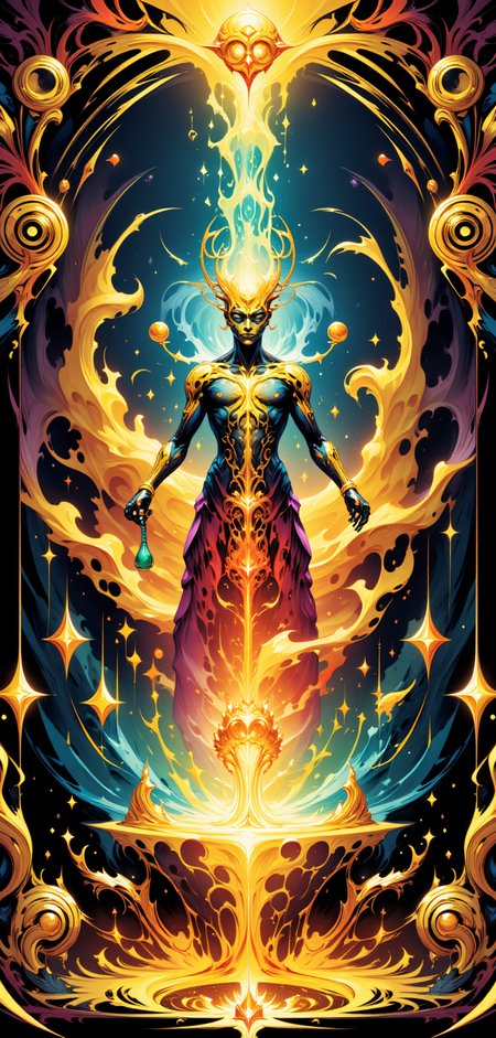 "A stylized Tarot card titled 'The Eternal Alchemist,' featuring a figure standing before a vast, glowing cauldron filled with liquid light. The Alchemistâs body is a blend of organic and mechanical, with intricate, metallic veins coursing with energy, their eyes reflecting the endless possibilities of creation. They hold a vial in one hand, from which drops of luminescent liquid fall into the cauldron, causing ripples of energy to radiate outward. The background is a surreal mix of swirling, vibrant colors and abstract, technetic patterns, evoking a sense of transformation and limitless potential. The cardâs border is adorned with complex, interlocking symbols and gears, glowing in a radiant spectrum of golds and silvers."
<lora:abstract_render_flux:0.4>,<lora:Painted_World_Flux:0.8>,<lora:Dreamwave_FLUX:0.6>,<lora:dreamlands_flux:0.6>,