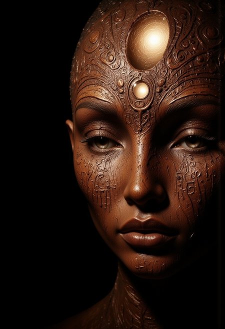 An ultra close-up portrait of an Ancient Hindu Devi, showing just over half of her face, framed asymmetrically from the left. Her head is tilted slightly upward, creating an intimate, haunting perspective.
Her head is a hollow, featureless piece of carved wood, shaped into a smooth, rounded form without facial features. Only the left half of the wooden head is visible, showing the rich texture of polished wood with faint carved patterns resembling sacred mantras.
In the center of her forehead, there is a Third Eye-shaped cutout, its edges smooth and precise, resembling the Ajna chakra symbol. The void is hollow and dark, but a soft, golden light glows dimly within, casting delicate rays through the Third Eye-shaped cutout. The light is ethereal and mystical, creating a divine, supernatural aura.
The wooden surface is smooth and polished, reflecting the soft golden light faintly. The Third Eye-shaped void draws the viewer’s gaze into the empty darkness within, symbolizing cosmic vision and divine consciousness.
The background is shadowy and minimal, fading into darkness, ensuring the focus remains on the wooden head and the dim golden light. The contrast between the ancient, divine symbol and the modern, surreal void creates a haunting narrative of spiritual awakening and divine emptiness.