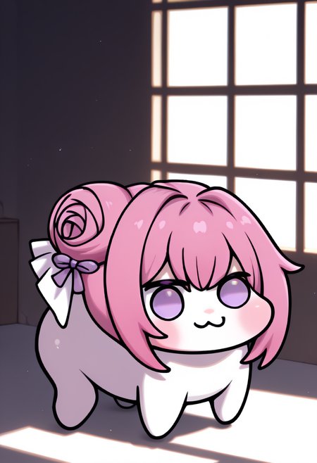 window shadow, shade, <lora:doro_xypher_ixl_v1:1> doro, :3, chibi, no pupils, solid circle eyes, white skin, full body, all fours, dorothy \(nikke\), purple eyes, pink hair, single hair bun, hair ornament, hair ribbon, purple ribbon, <lora:window_shadow_NOOB-EPS1.1v3:1>