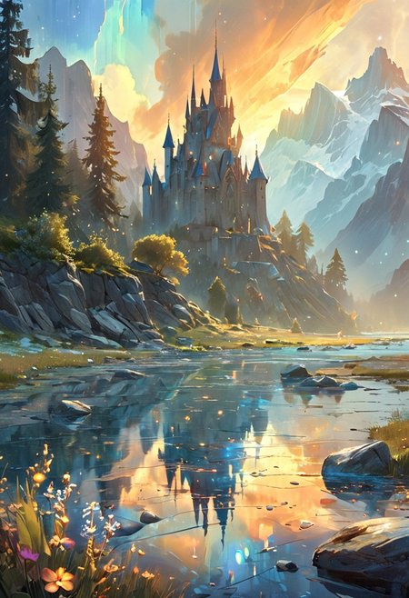 unseen landscape of a fantastical world made of labradorite, captured in 8K resolution for stunning detail, towering mountains of shimmering labradorite crystals reflecting a spectrum of blues, greens, and golds, A great castle is on the tallest mountain, the surface glistening like a celestial sky, vast plains of smooth labradorite stones scattered with iridescent flora that pulse with color, gentle rivers of liquid light flowing through the valleys, their surfaces sparkling with the vibrant hues of the stones, ethereal creatures with translucent wings flitting among the glowing plants, creating trails of shimmering light, a radiant sunset casting a warm glow over the landscape, evoking a sense of wonder and magic in this enchanting realm of crystal and color.
beautiful gorgeous digital art,style of greg rutkowski,janek sedlar,jenny saville:0]