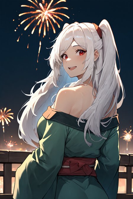 masterpiece, best quality, 1girl, solo, <lora:alexiamidgar-illu-nvwls-v1-000006:1> amidgar, white hair, red eyes, two side up, long hair, green kimono, sash, off-shoulder kimono, from behind, looking back, looking at viewer, night sky, fireworks, happy, open mouth