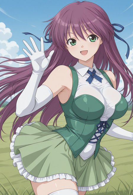 tomisawa_rei, green eyes, purple hair, long hair, hair ribbon, blue ribbon, elbow gloves, white gloves, collared shirt, white shirt, green bustier, sleeveless, white stomach, green skirt, frilled skirt, white thighhighs, zettai ryouiki, <lora:tomisawa_rei_illustrious_ver1:0.8> 
smile, open mouth,, masterpiece, best quality, very aesthetic, absurdres, general,, 1girl, solo, blue sky, (grasslands:1.2), looking at viewer,, (cowboy shot, dynamic pose:1.4),