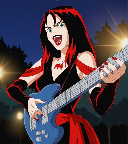 score_9,score_8_up, score_7_up,
hexthorn, 1girl, solo, long black hair with red highlights, green eyes, 
black and red dress with red draped sleeves, elbow gloves, red sash, red bat necklace, lipstick, 
playing guitar, holding guitar, on stage, yellow spotlight, 
open mouth, fangs, pointy teeth, vampire, outdoors, night, night sky, trees, 
retro_artstyle, cartoon, source_cartoon, lowres, 1990s_style,
<lora:Thorn_The_Hex_Girls:.9>