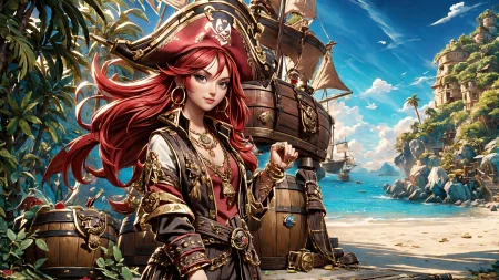 (young redhead pirate woman), (portrait), (parrot:1.2), sharp focus, (ultradetailed), (standing), (happy) smile, pirate (ship galleon:1.2,  hoop earrings, gold medallion, Rose Red pirate clothes, pirate hat, hips,  pirate (village), leafy beach coast, (treasure chest with coins, gems and jewels:1.2), (rum barrel), best quality masterpiece,  bright sunny sky, backlight, natural lights, high contrast, hdr, shadows, pretty, beautiful, feminine, sexy, adorable, lovely, in love, (PirateDiffusionprt:0.5),  <lora:Pirate:0.3>  PrateT  <lora:PirateRealms:0.3> <lora:Detail Tweaker LoRA add_detail:0.8> <lora:depth_of_field_slider_v1:5> <lora:SDXLrender_v2.0:0.9>