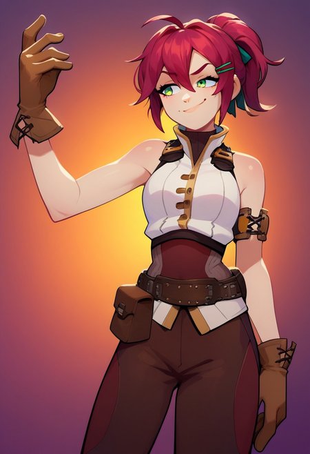 score_10, score_9, score_8, score_7, 
Sylvi4, red hair, ponytail, short hair,green eyes,breasts, ahoge, hair between eyes, green eyes, brown gloves, leather gloves, pouch, belt pouch,  pants, belt, brown footwear,  hair ribbon, bare shoulders, sleeveless shirt, shirt, hair ornament, hairclip, armband,
smiling, smug,
