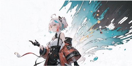 from side,(Multicolored hair:1.3),Pink hair,Light blue hair,Colored inner hair,blue hair,green hair,light green hair,aqua hair,white hair,Orange hair,red hair,((disheveled hair)),Short hair,Big hair,Ahoge,Parted lips,(baggy clothes:1.2),solo,(upper body),cowboy shot,standing,grey background,simple background,
(drawn by Pomu:1.4),NanaseKurumi,solo,(upper body),Standing,cowboy shot,off-shoulder,street wear,
(splatter background:1.5),simple background,outline,watercolor (medium),concept art, masterpiece, best quality,  <lora:animeLineartMangaLike_v30MangaLike:1>