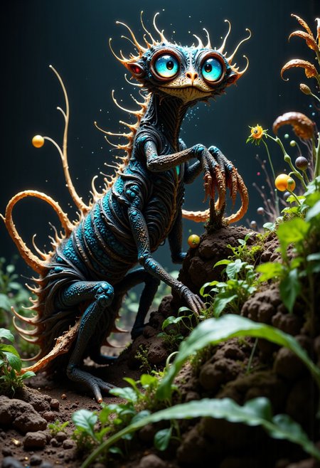 Envision a bizarre and whimsical monster, an uncanny blend of a cat and a praying mantis. Its body combines the sleek, agile form of a cat with the segmented, chitinous texture of a mantis, featuring six limbs. The two front limbs assume the typical praying posture of a mantis. Adorned with bioluminescent spots that cast an eerie glow, it presents an enchanting yet unsettling appearance. It possesses sleek, cat-like limbs that enable unexpectedly agile movements and large, luminous eyes filled with curiosity. This extraordinary creature roams an environment filled with dense, lush foliage, where tall grasses and wildflowers sway gently in the breeze. The vibrant greens and rich earth tones of this habitat provide both camouflage and a stage for this creature’s intriguing displays, embodying the strange beauty of undiscovered biodiversity with its intriguingly alien appearance.