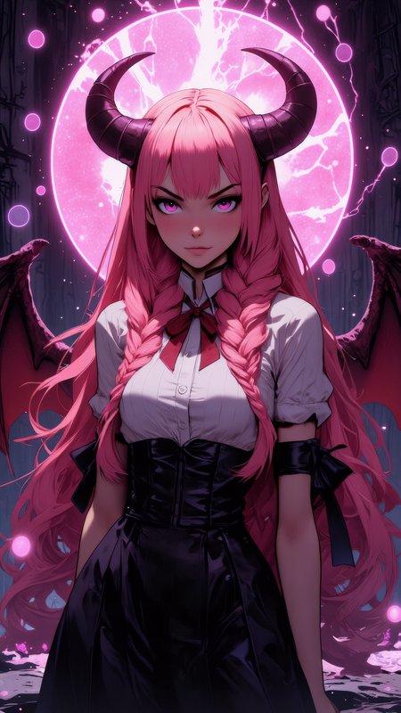 a professional photo shot of a breathtakingly beautiful caucasian woman, 25 yo, long pink hair with a herringbone braid, large demon wings, ((no demon horns)), (japanese school girl uniform), pale skin, diamond shaped face, She has a glamour and slender body with narrow hips, magical circles  as background, magical lights, light particles, dungeon, <lora:Dever_Flux_Enhancer:0.47>  <lora:breast-size4:-1.65> <lora:anime Niji B:1> Realistic anime style <lora:Hand v2:1> Perfect hand <lora:pose_dev_f1:0.75> <lora:sameface2:-0.2>