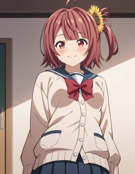 score_9, score_8_up, score_7_up, source_anime, uncensored, <lora:StS_detail_slider_v1:3>, zPDXLxxx, <lora:Aoi_Hinata_PONYXL_VexVexX:1>, AoiHinata, 1girl, red eyes, red hair, short hair, one side up, ahoge, hair ornament, hair flower, sunflower hair ornament, small breasts, school uniform, serafuku, pleated skirt, cardigan, red bow, cowboy shot, bedroom, __PERSPECTIVE__, __POSES_CLOTHES_2__, smile