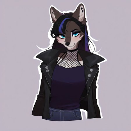 digital_media_(artwork) hi_res, score_9, score_8_up, score_7_up, score_6_up, score_5_up, score_4_up, rating_safe, beautiful, intricate, high quality details, highly detailed, amazing quality, anthro, furry, female, detailed textured fur, fur tufts, fluffy,  cute, cute face, small, detailed sexy eyes, solo, SFW, wolf, expressive, sassy,  multicolored hair, streaked hair, absurdres, highres, long sleeveless halter neck sweater, baggy denim pants, fingerless gloves, sleeveless leather jacket, clothed slim, clothed slender, clothed skinny, goth, heavy eyeliner, heavy eye shadow, breasts, vivid colors,