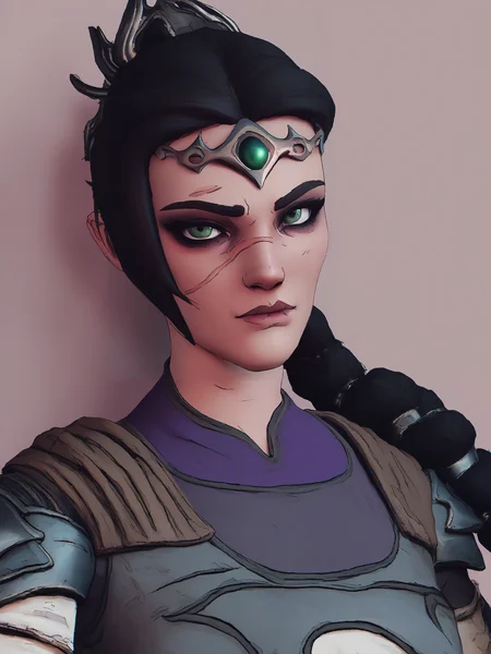 score_9, score_8_up, score_7_up, score_6_up, score_5_up, score_4_up, bdlds, BREAK, source_cartoon, source_anime, 1girl, solo, shadowheart, black hair, braided ponytail, green eyes, scar on face, circlet, looking at viewer, armor, upper body <lora:ShadowHeartXL:0.8>     <lora:BorderlandsXL:1>