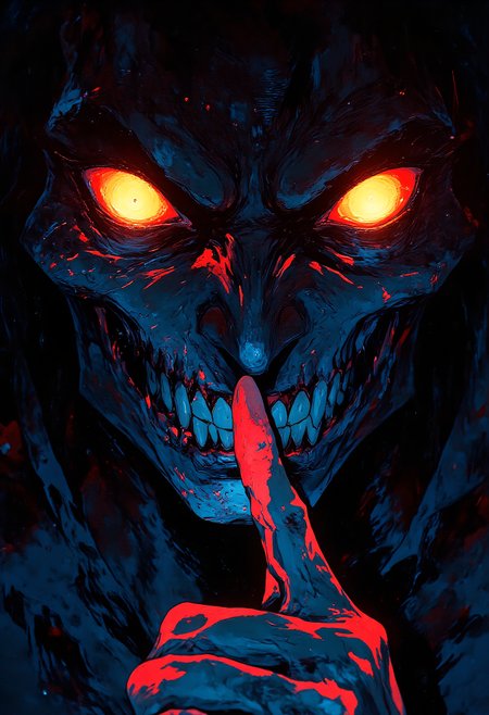 An angry evil bold villain, glowing eyes, looking directly at viewer, holds a finger to his lips, as to tell the viewer to keep quiet, menacing, evil, dark, vibrant glow, high color contrast, light and dark