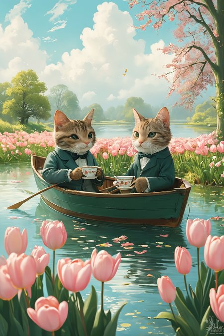 An award winning solo focus cute cartoon British countrside, Wind In The Willows inspired illustration of two gentlemanly victorian cats with monocles drinking tea and rowing a boat on the lake, with green grass on both sides and trees with white clouds above them. The ground has pink tulips growing around it. In the style of Studio Ghibli, children's book illustrations, pastel colors, simple line drawings, clean lines, butterflies, light particles
<lora:detailed_notrigger:0.6> <lora:SDXLFaeTastic2400:1> <lora:MJ52:0.8>