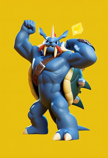 score_9, score_8_up, score_7_up, score_6_up, source_furry, solo, dof, white background, Zudomon, blue eyes, signal horn, fangs,shell,belt, muscular, digimon (creature),((full body:1.3)),perfecteyes,one arm raise,one hand closer at his thigh, yellow background(lighting symbols behind),perfect hand fist anatomy,perfect detailed fingers anatomy++,brawl