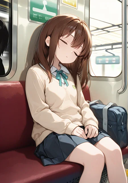 general,masterpiece,best quality,amazing quality,<lora:nanostyle:1>,nanostyle,
1girl,sleeping,subway,sitting,school uniform,school bag,