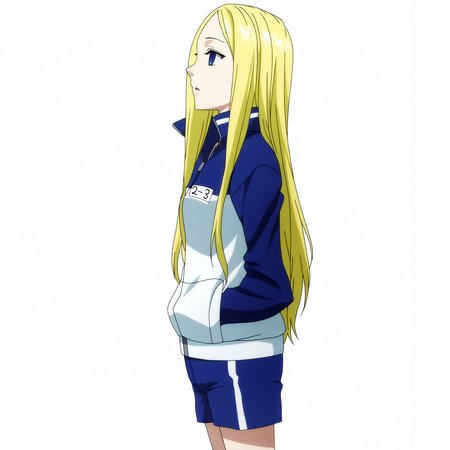 sharp focus, pixiv masterpiece, score_9, score_8_up,  source_anime, score_7_up, best quality, high res, absurd res, BREAK
<lora:Nino_arakawa_under_the_bridge_illu_v38:1>,nino_arakawa_il, (1girl, solo:1.5), blonde_hair, blue_eyes, blue_white_tracksuit, number_tag, long_hair, blue_shorts, side_stripes,(anime_screencap:1.1) cowboy shot, standing, hands_in_pockets, white background, simple background, centered