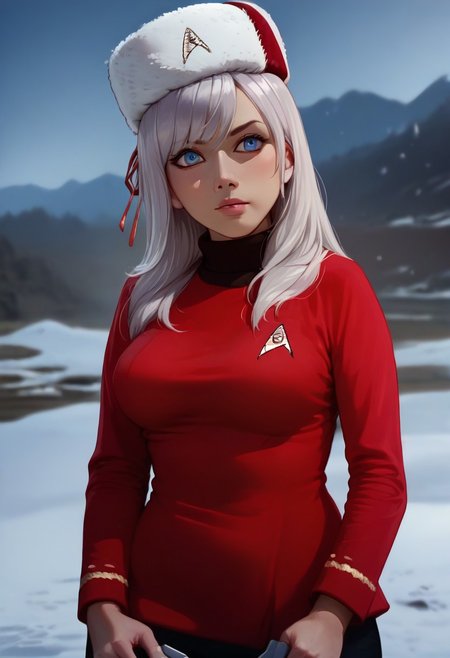 score_9, score_8_up, score_8_up, raw, (solo), 1girl, female focus, 
amkkj, large breasts, long hair, silver hair, crossed bangs, blue eyes, hair ribbon, medium breasts, red papakha, fur hat, star trek sweater, 
(star trek uniform, red uniform),
starship bridge, electronics consoles, electronic displays,
arcan3styl3v1, blurry background, depth of field, outdoors, cowboy shot, standing, holding scanner, snowy environment, rocky environment,