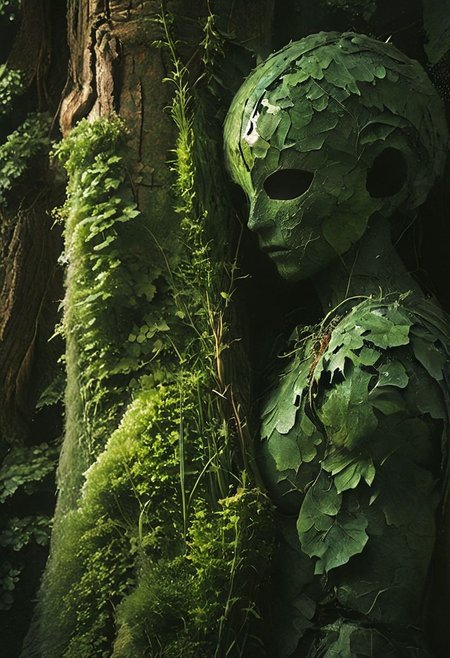 Capture a stunning Closeup of an ethereal midsummer witch upon a hill,  from a mushroom in an eerie little beautiful Nature wood, armored dark Spirit wearing hooded Linen cape designed By Studio ghibli, masked with a Bright wooden birch Mask shaped Like a leaf,  very detailed and vibrant outworn but colorful, She is wearing armor made entirely of grass, both dried and fresh. The grass is meticulously laid over her arms and limbs, securely fastened with ancient leather straps. , wielding colorful two-toned giant sword, 
very detailed, Shot in UHD