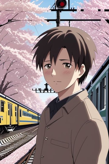 high resolution, solo, best quality, 1Boy, Takaki Toono, Brownish Hair, Brown Eyes, Train Crossing, Sakura, Cherry Blossom, OverallDetail