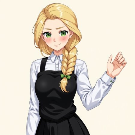 1girl,blonde hair,single braid,green eyes,white shirt,collared shirt,hair over shoulder,black vest,black skirt,Detailed hand,Hand,Perfect hand