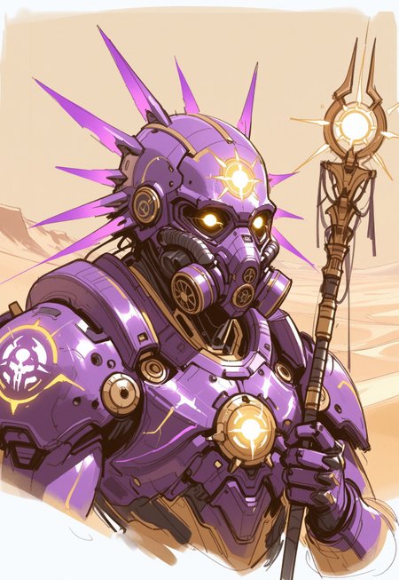 concept art, sketch, best quality, 1boy, male focus, purple armor, gas mask, power armor, glowing eyes, holding staff, sun-shaped helmet, desert, yellow sand, portrait