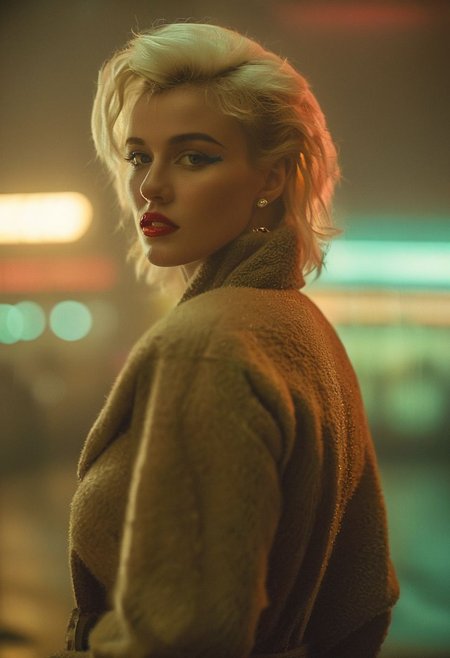 subtle grain, cinematic quality, Marylin Monroe as a character from the movie Blade Runner, in the style of Blade Runner 2049, fine art photography, film still, movie scene