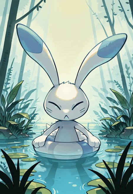 masterpiece, best quality, no humans,    zzWarabbit, swamp, foggy dawn, lily pads, still water, close-up, atmospheric lighting, focused eyes, mystical mood â In the misty calm of early dawn, zzWarabbit rests silently atop a moss-covered rock, surrounded by lily pads. Fog clings low over the water as pale morning light filters through the reeds. Its eyes remain alert, unblinking, attuned to the quiet rhythm of the swamp.  <lora:WarabbitPokedex_IXL:1.0>,