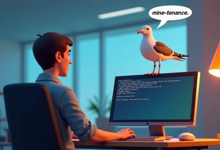 Seagull sitting ontop of the monitor looking at man working on computer in office, windows error screen on monitor, pixar 3D animation style, speech bubble from seagull saying "mine-tenance"