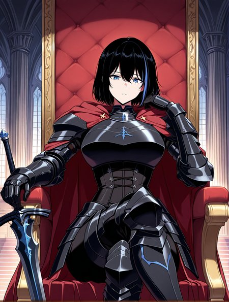 <lora:Cheon_Soyeon__The_Knight_King_Who_Returned_with_a_God__Illustrious:1>
1 girl, solo, black hair, short hair, loose hair, blue hair streak, multicolored hair, streaked hair, bangs, hair between eyes, blue eyes, large breasts
black armored boots, black armored armor, black corset, red cape, gauntlets, black gloves, black pants
zPDXL3, score_9_up, score_8_up, score_7_up, (Anime_source),Masterpiece,(perfect female body:1.2), small waist,(incredibly detailed:1.4), slim, beautiful fingers, sword masterpiece, best quality,high quality, newest, highres,8K,HDR,absurdres, parted lips, looking at viewer, sitting on throne, crossed legs, castle room background