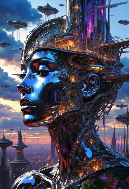 A retro-futuristic cityscape forms the massive profile of a serene, metal woman’s head, seamlessly blending human features with intricate architectural elements. Her face serves as the city’s foundation, with towering skyscrapers on her forehead and temples, glowing with neon windows. Her hair flows as metallic structures and bridges, interwoven with train tracks, suspended walkways, and glowing signs. Smaller buildings cascade along her jawline, creating a harmonious urban sprawl.
The city is alive with detail: tiny figures move across her cheekbone plazas, bustling markets thrive on her lips, and balconies line her nose and chin. Flying vehicles zip through the air, leaving colorful light trails as they navigate the futuristic skyline. Art deco-inspired facades and chrome accents dominate, giving the city a bold, vibrant aesthetic. Her closed eyes shimmer as reflective glass, and her ears double as observation decks.
Her collarbone extends into a grand platform supporting monuments and lush gardens, while steam rises gently from vents near her temples, giving her a lifelike presence. The moody, dusky sky glows with light from the city and hovering vehicles, blending natural beauty with advanced technology. The entire scene evokes a sense of awe, a vision of humanity’s integration with architecture.