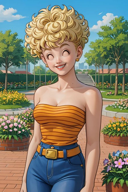 zPDXL3,  <lora:panchy_pony_v1:.5>,
panchy, blonde hair, short hair, curly hair, closed eyes, medium breasts,orange tube top, striped shirt, cleavage, strapless, belt, denim pants, looking at viewer, happy, standing, outside, backyard, garden, flowers, sunny,