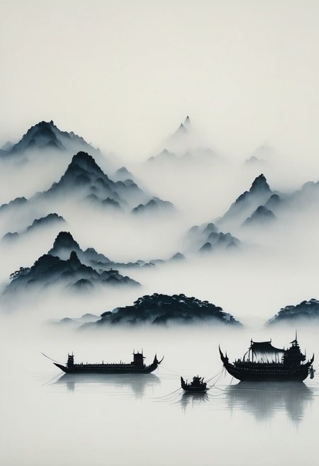 Multiple pagodas rise from a misty mountainscape above a riverbed lined with trees, as a ship drifts along the river near a fog-shrouded city.