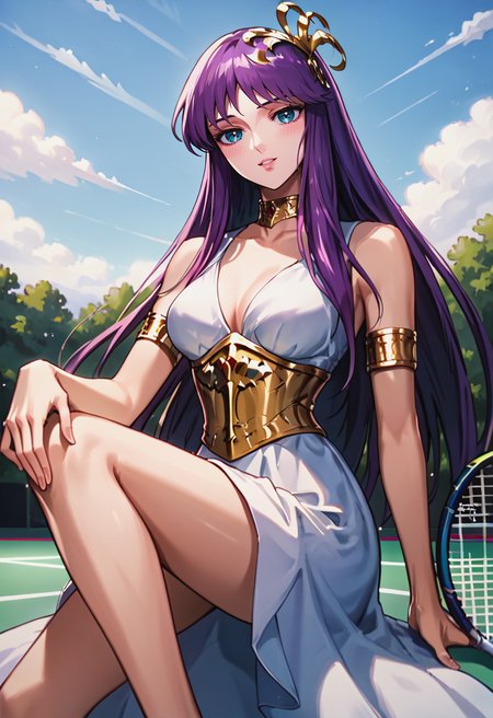 score_9, score_8_up, score_7_up, best quality, intricate details, source anime, rating explicit, BREAK
Placing hand on knee, love gaze, blush, parted lips, light smile, head tilt, 
athenakido, purple hair, long hair, aqua eyes, sleeveless dress, <lora:SaoriKido_Pony_v02-10:1> 
corset, armlet, crown, choker, 
Tennis court,