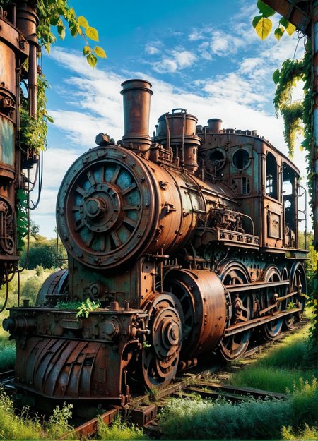 A rusted ais-trnshd steam engine with gears exposed, surrounded by overgrown vines <lora:ais-trnshd-sdxl:1>