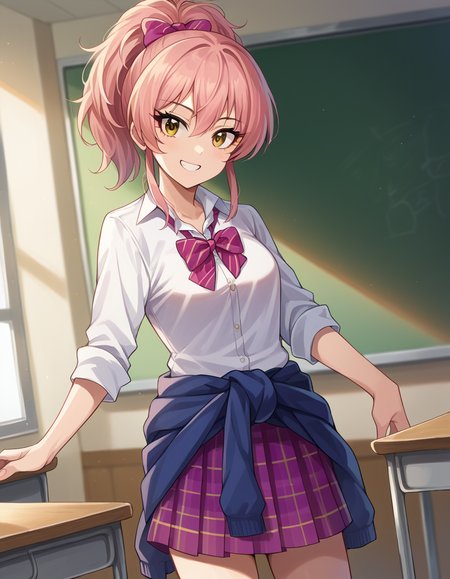 score_9, score_8_up, score_7_up, source_anime,
mikajougasaki, <lora:mika-jougasaki-ponyxl-lora-nochekaiser:1>
mika jougasaki, hair bow, long hair, pink hair, yellow eyes, ponytail, smile,
bow, clothes around waist, plaid, plaid skirt, school uniform, skirt, sweater, sweater around waist,
indoors, classroom,
looking at viewer, dutch angle, cowboy shot,