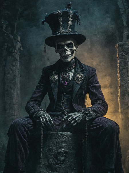 cinematic dark photo  of (terrifying skeleton baron samedi:1.2),  lwa of the deads, Haitian Vodou, evil grin, sitting on a large  tomb, in a cemetery at night, fog, (black velvet hat:1.3), purple ((tartan suit)), sculpted cane, perfect hands,  mardi gras style,  nefarious greenish lighting, (low key lighting:1.2), (shadows:1.6),
<lora:Action-sdxl-V0.5:1> in a zdyna_pose, dutch angle, from below, low camera angle actions scene, foreshortening,
<lora:xl_more_art-full_v1:0.75> ,
<lora:zavy-cntrst-sdxl:1.3>dark, chiaroscuro, (low-key:1.2) <lora:Mardi_Gras:1.3> Mardi Gras portrait