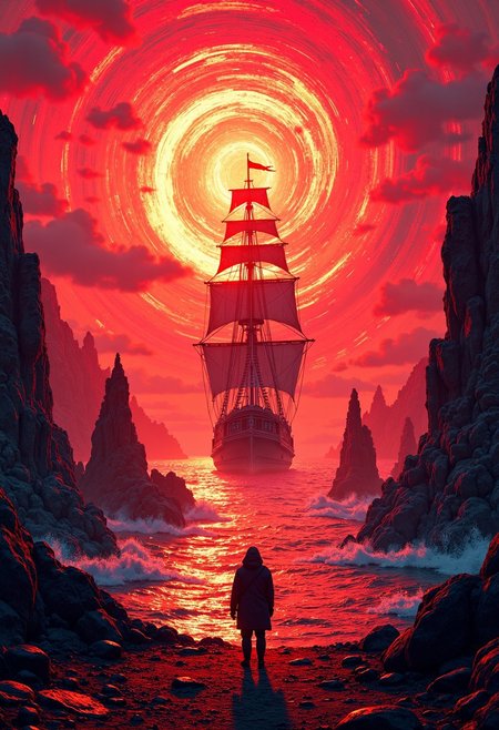 A lone figure, races mingling, and towering masted ships.  A bold color Multiple neon mystical swirls created using the artistic technique of splattering. palette of rich reds,  with shadows and effect that gives the design captivating,  light grain, distorting the sense of up and down. In this bizarre landscape, one altered element can send the entire scene careening into chaos.