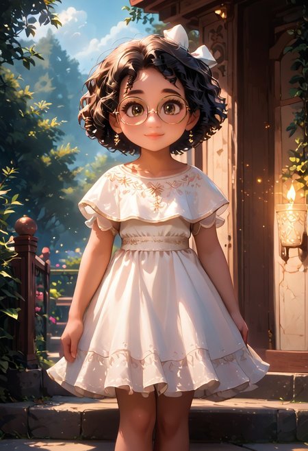 (masterpiece:1.5), 8k, best quality, ultra-detailed, (high res), cinematic lighting, beautiful lighting, high quality, studio quality, detailed, insanely detailed, extreme detail, refined detail, perfect detail, max detail, smooth lighting, detailed background, hyper detailed body, beautiful lighting, vibrant lighting, global illumination, absurdres, high-res, dynamic lighting, score_9, score_8_up, score_7_up, ponypositive, 1girl, solo, solo focus, (narrow waist, skinny, small body, slim), looking at viewer, (outdoors, floral garden), bright lighting, daylight, sunshine, cute, kawaii, gleaming eyes, big eyes, (closed mouth), happy, (standing), legs spread, alone, Expressiveh, ((¾ view)), (hands on the side of thighs), (rating_safe, sfw), YMirabel, (brown skin, chibi, short stature, hair bow, brown curly hair, brown sunshine eyes, glasses, white dress, white footwear, mary janes),  Expressiveh, adorable