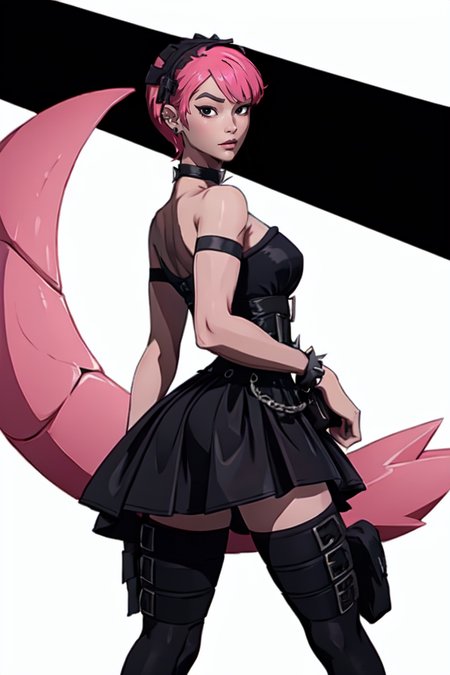 masterpiece,best quality,face detail,extreme detail,8k,white background,<lora:minapark:0.7>,minapark,1girl,solo,looking at viewer,short hair,skirt,thighhighs,dress,jewelry,standing,pink hair,choker,belt,black thighhighs,black eyes,black dress,bracelet,thigh strap,spikes,pouch,spiked bracelet,gothic,wide hips,from behind,cowboy_shot,looking back,