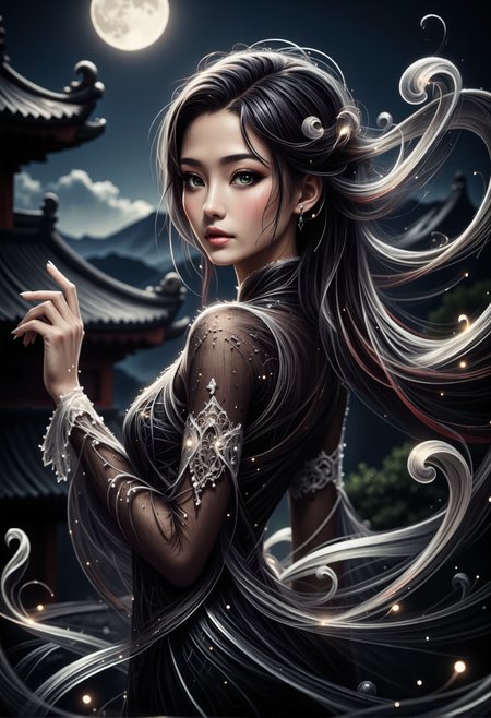 mad-wsps, xslx scribble, detailmaximizer. A medium close-up of a stunning young Asian woman, captured from her shoulders up as she gracefully dances under the full moon. Her delicate, smoky makeup enhances her deep green eyes, giving them an otherworldly glow, while the moonlight accentuates the red shimmer in her deep black hair. Her hair is styled in a traditional Chinese manner, with part of it pinned up and the rest flowing freely. The ornate details of her black dress, adorned with subtle white embroidery along the collar and sleeves, are visible. Behind her, the decorative eaves of the palace rooftop are highlighted by the soft moonlight, adding to the spiritual and mystical atmosphere., <lora:RealisticAnimeFlux_v2.safetensors:1.0:1.0> <lora:Wisps_of_Light_FLUX.safetensors:0.8:0.8> <lora:scribble-flux-v1.safetensors:1.0:1.0> <lora:aidmaImageUpgrader-FLUX-V0.1.safetensors:0.5:0.5>