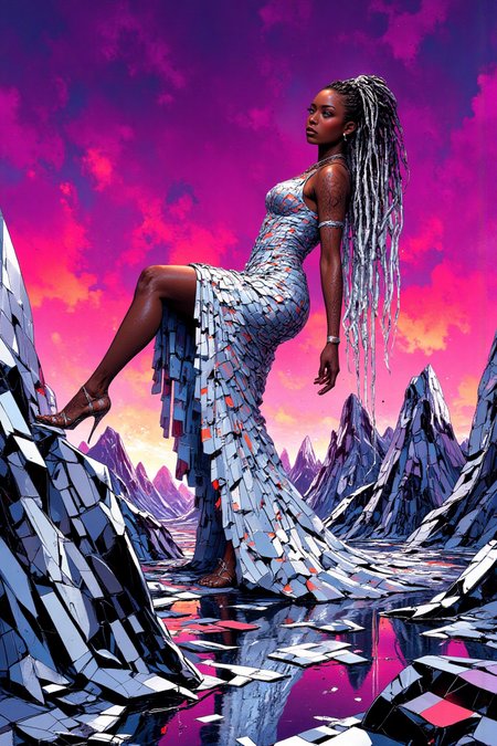 A striking woman with ebony skin and long, silver braids cascading like waterfalls poses in a crystalline landscape under a vivid magenta sky. Her Met Gala gown is a shimmering tapestry of mirrored silver tiles, reflecting the angular shapes of the black-and-white linear floor beneath her. The ground forms sharp, triangular peaks and valleys, creating a shifting, prismatic illusion that interacts perfectly with the reflective elements of her gown. Her pose is fiercely dynamic: one leg extended, the other bent slightly as she leans back, hands gripping the edges of her gown and pulling it into dramatic, sweeping arcs that align with the illusory geometry. Inspired by the mirrored worlds of Yayoi Kusama and the cutting-edge designs of Iris van Herpen. High quality rendering. 8K.