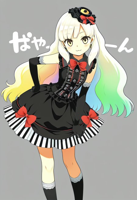 masterpiece, best quality, 1girl, solo,  zzMayu, yellow eyes, blonde hair, gradient hair, green hair, hair ornament, long hair, multicolored hair, rainbow hair, white hair,   dress, bow, hat, elbow gloves, kneehighs, lfashion, gothic,   smile, :3, leaning forward, portrait, close up, foreshotening,  narrow waist, cute background,  , <lora:MAYULoveLogic_IXL:1.0>,