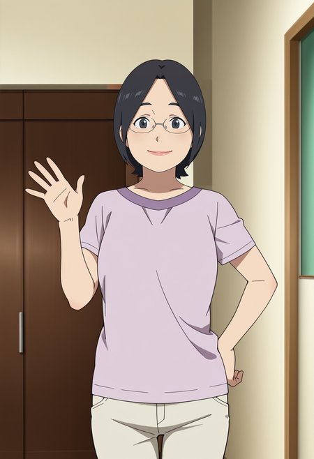 1girl,solo,mm,mature female,short hair,black hair,black eyes,glasses,anime coloring,
shirt,pants,hand on own hip, waving, looking at viewer, smile,indoors
,masterpiece,best quality,amazing quality,<lora:Masami_Onozawa-Tokyo_Magnitude_8.0_IL:0.8>
