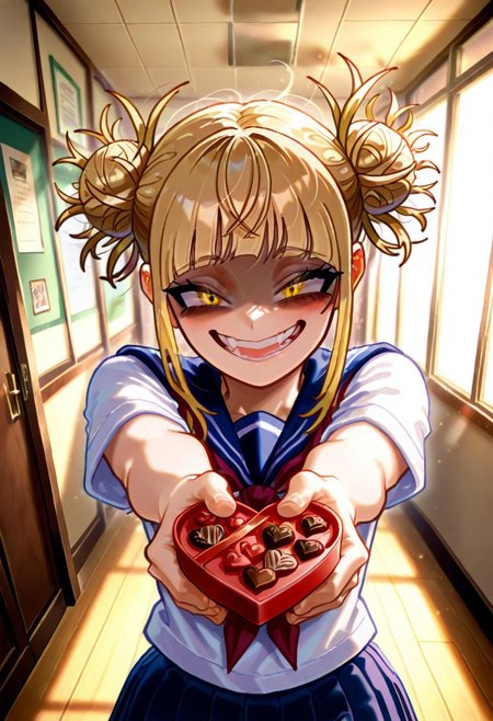 1girl,,toga_himiko_illust, blonde hair, hair bun, double bun, bangs, school uniform, yellow eyes, skirt, messy hair,valentine's day,(yandere,),looking at viewer,holding chocolate,standing,yandere smile,shaded face,<lora:illustrious_noobai_epsilon_pred_11_very_aesthetic_v1:0.5>,<lora:ponyv5_noobV065S_1_adamW:0.5>,indoors,upper body,outstretched arms,
masterpiece,best quality,amazing quality,very aesthetic,absurdres,(anime coloring:0.7),dutch angle,<lora:spo_sdxl_10ep_4k-data_lora_webui:1>,<lora:add-detail-xl:1>