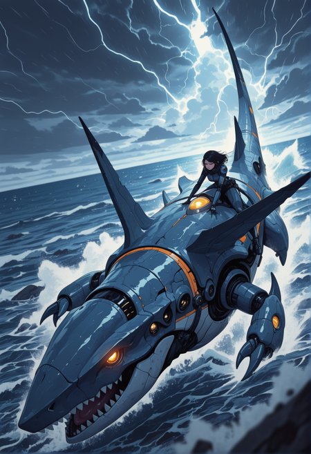 masterpiece, best quality, good quality, very aesthetic, absurdres, newest, 8K, depth of field, focused subject, 1girl, solo, riding on megalodon, ocean, storm, sci-fi, lighting, attack, dynamic angle,
,in the style of cknc,
<lora:ck-shadow-circuit-IL:0.6>
<lora:MoriiMee_Gothic_Niji_Style_Illustrious_r1:0.4>
<lora:ck-nc-cyberpunk-IL-000011:0.4>