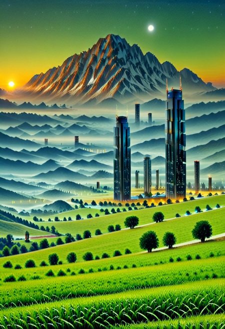 scenery, mountains, tree, grass, towers, skyscraper,